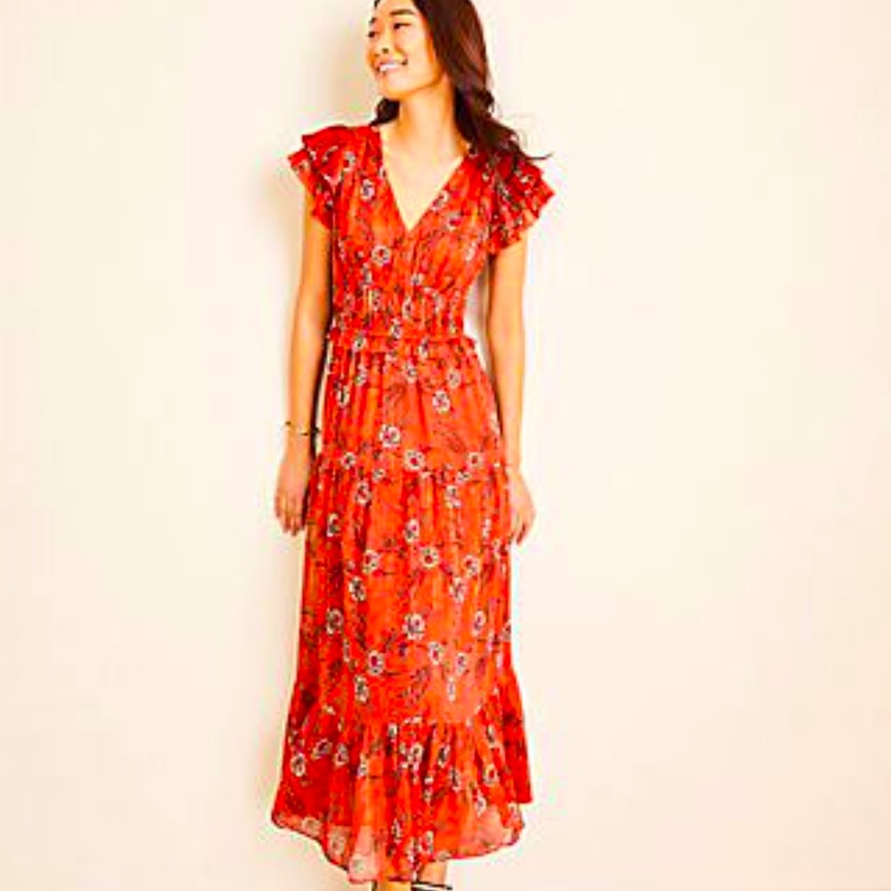Ann Taylor Shimmer Floral Flutter Sleeve Maxi, 12P